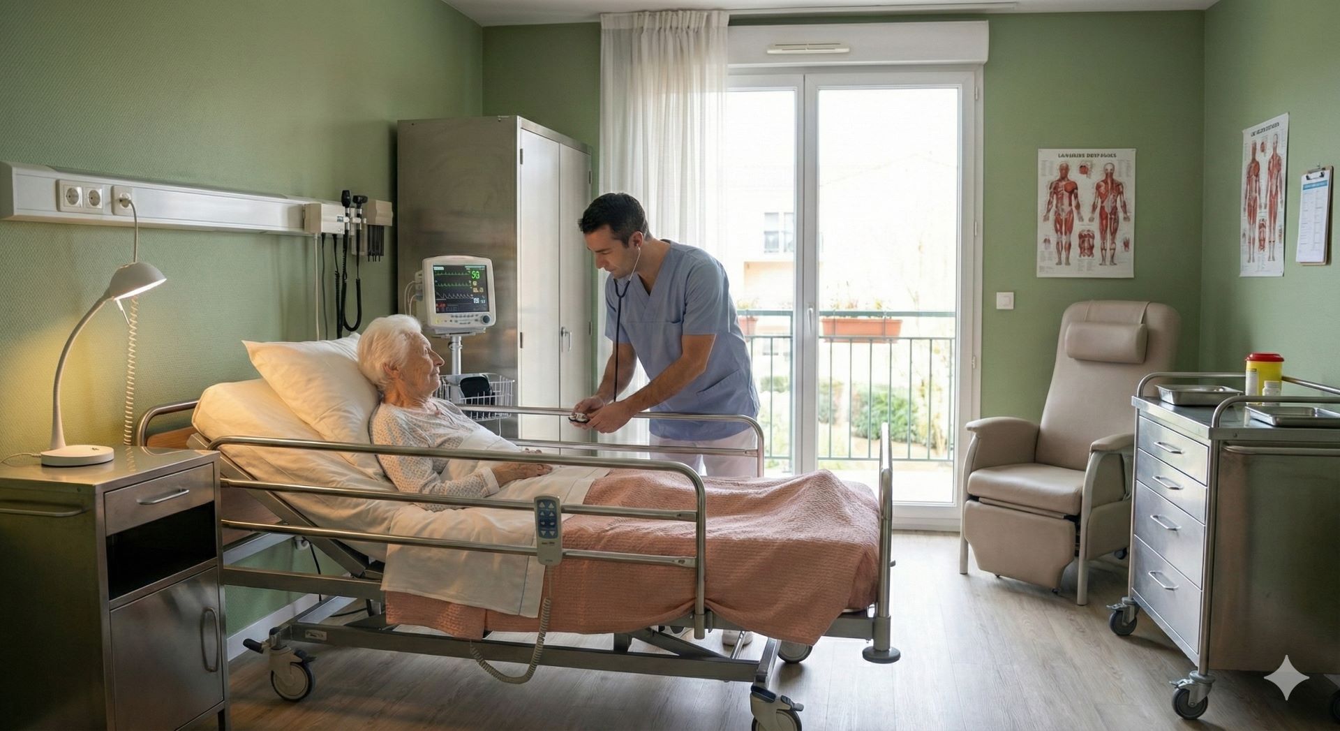 Un infirmier ausculte une personne âgée allongée dans son lit en maison médicale